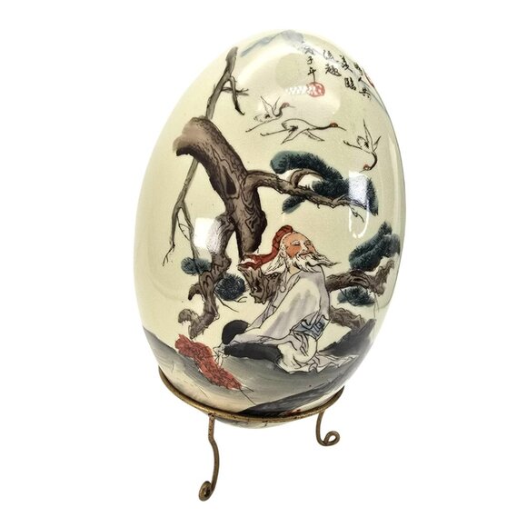Large Hand-Painted Chinese Porcelain Egg Ornament Decor With Stand JE270 - Picture 5 of 11